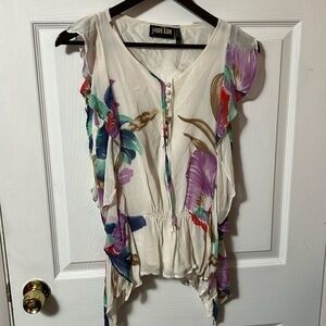 Yumi Kim floral off-white ruffle sleeve cinche waist blouse size XS​